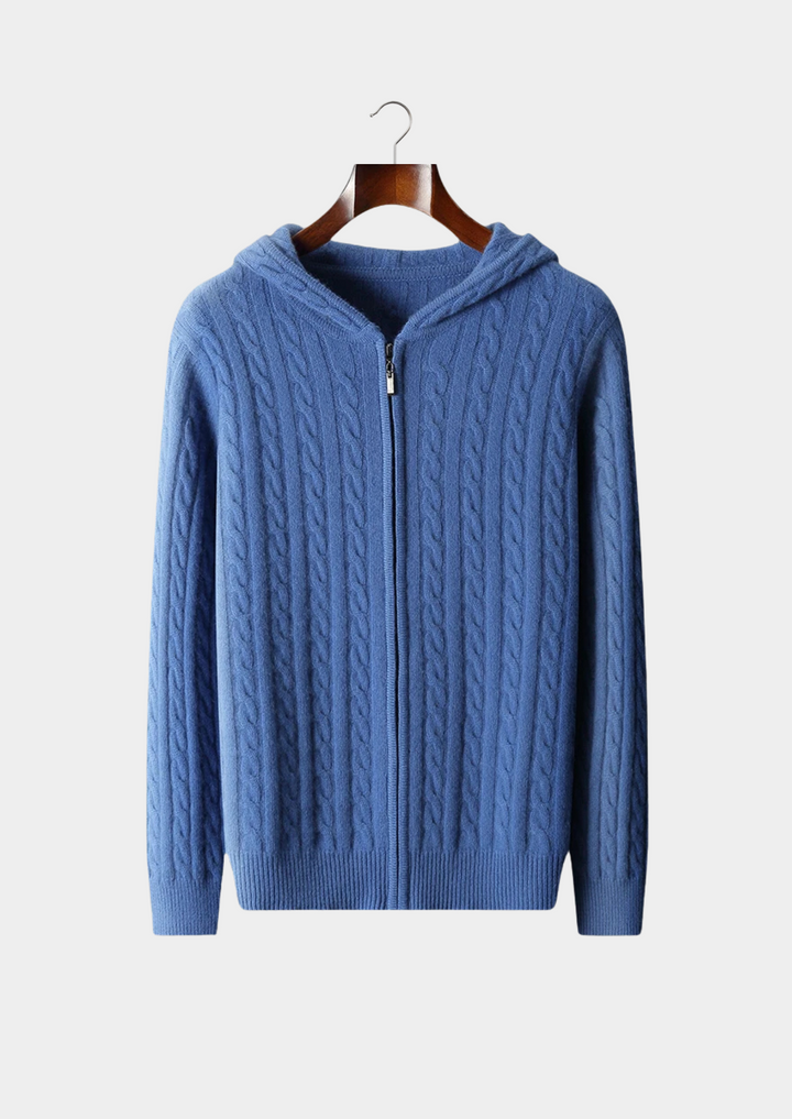 100% CASHMERE CABLE KNIT ZIPPER HOODIE.