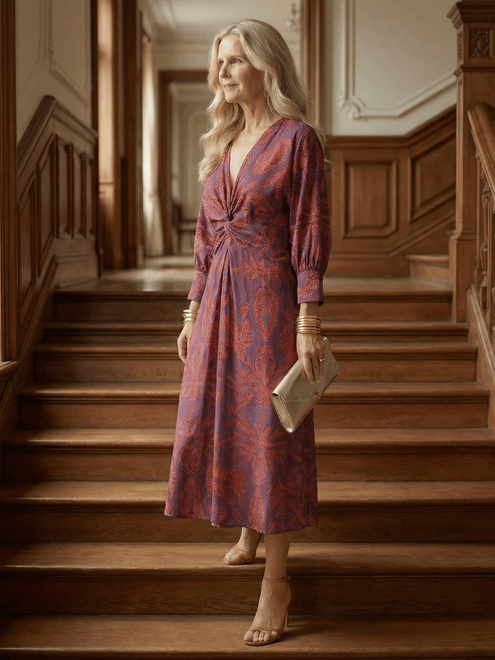 Lune™ Natural Wrap Midi Dress by Emma & Rose Cape Town, featuring flowing fabric and a stylish wrap design.