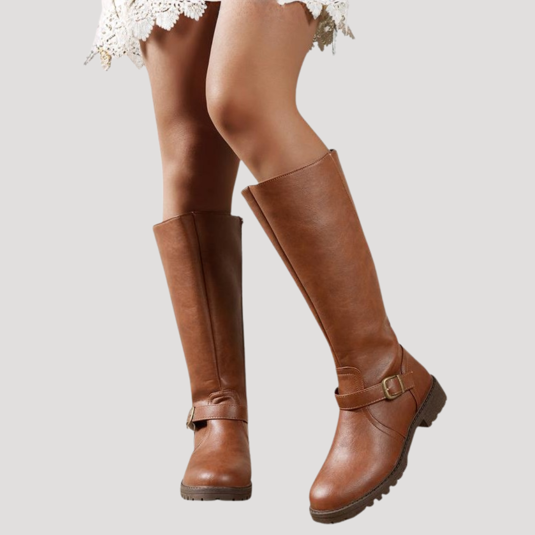 Women's High Boots with Buckle Strap and Treaded Sole