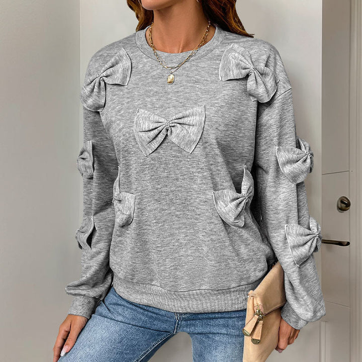 Women's Soft Knotted Sweater – Casual Gray Round Neck Sweatshirt