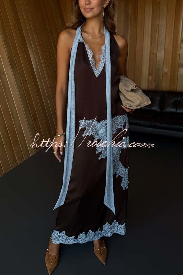 Sunday Social Contrast Color Satin Lace Trim Mid Rise Maxi Skirt (Shipped Within 24 Hours), view 2 - Elena Harper