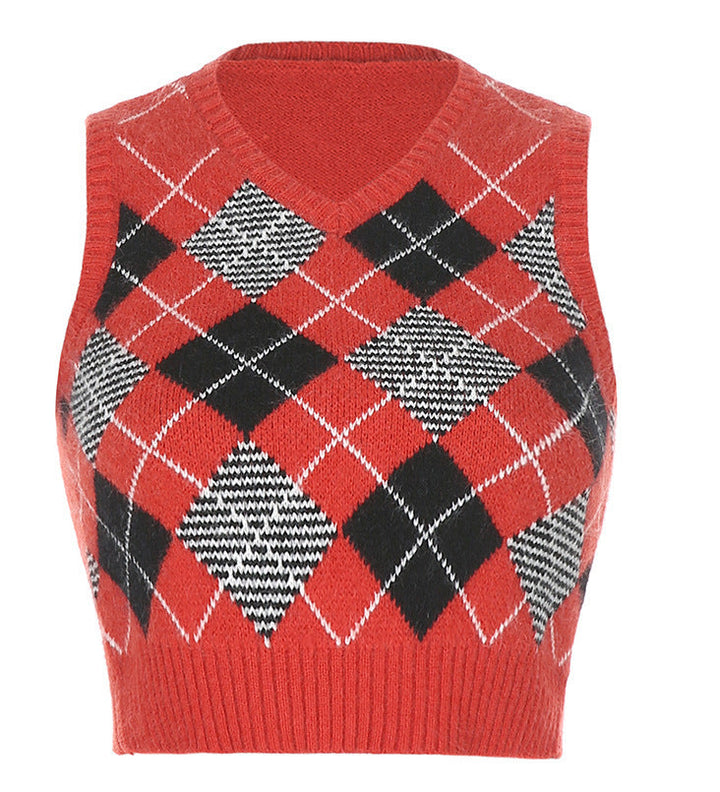 Women's Sleeveless Short Knitted Vest with Diamond Pattern and V-Neck Mavelle, view 7 - Elena Harper