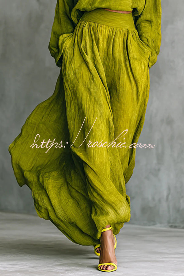 Linen Blend Solid Color Loose Long-sleeved Top and High-waisted Casual Pocket Maxi Skirt Set
