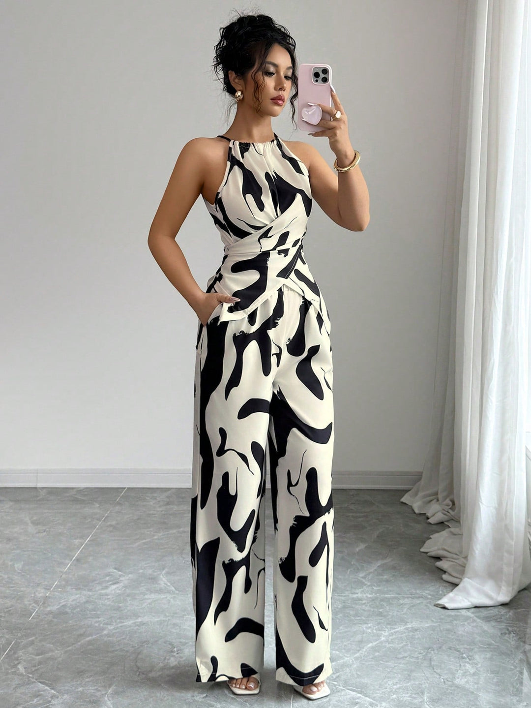 Women's Black and White Printed Halter Jumpsuit