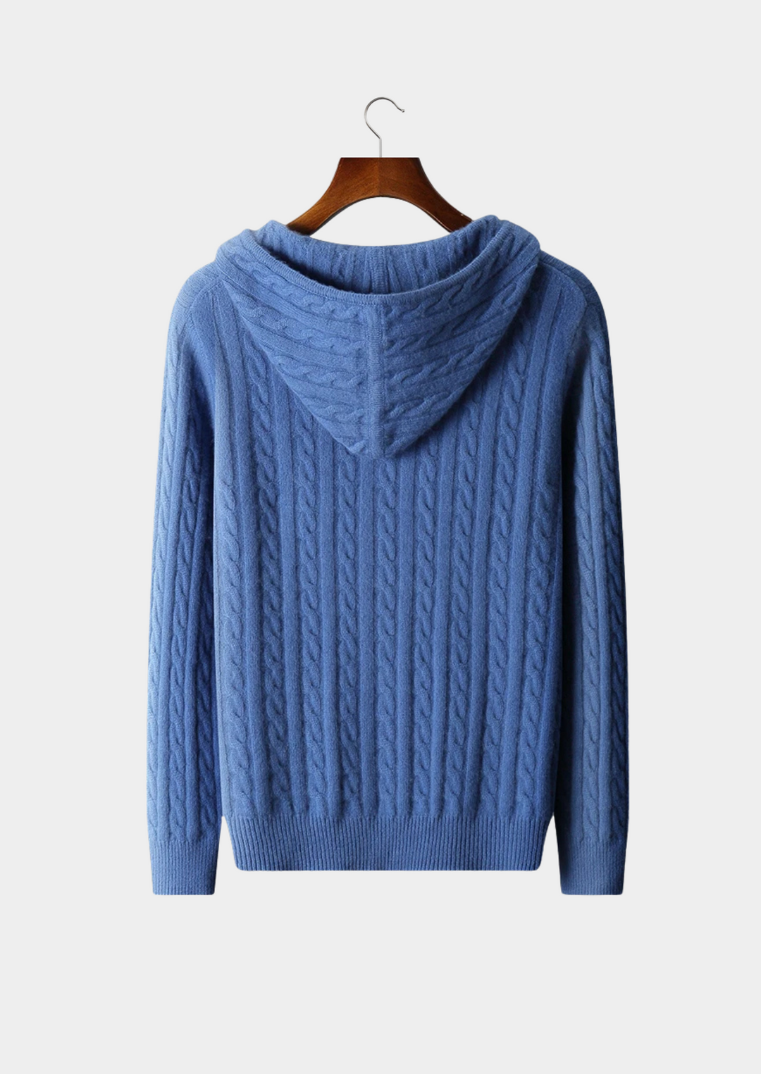 100% CASHMERE CABLE KNIT ZIPPER HOODIE.