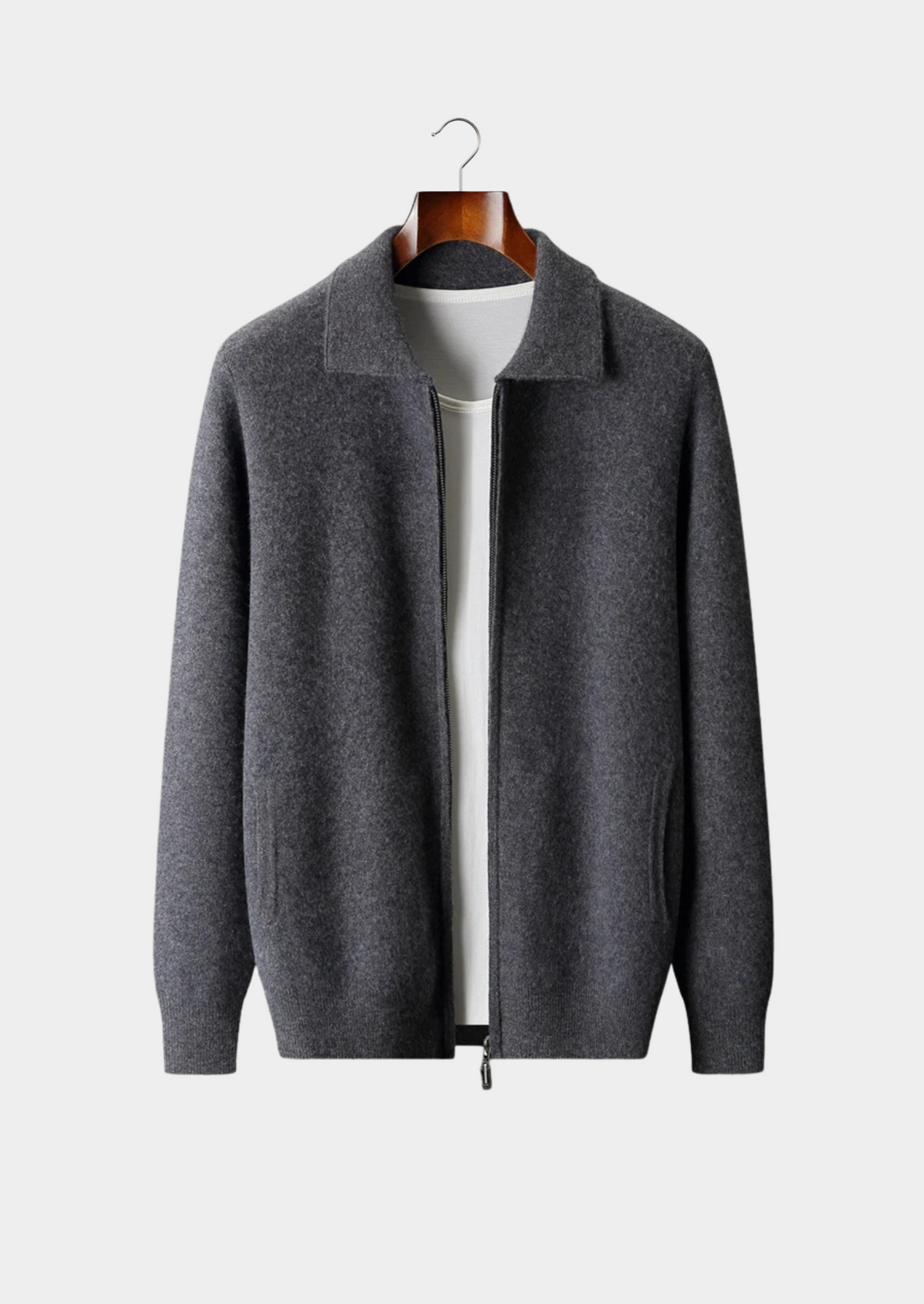 100% CASHMERE ZIP POLO CARDIGAN.