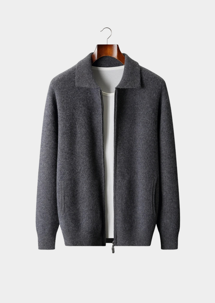100% CASHMERE ZIP POLO CARDIGAN.