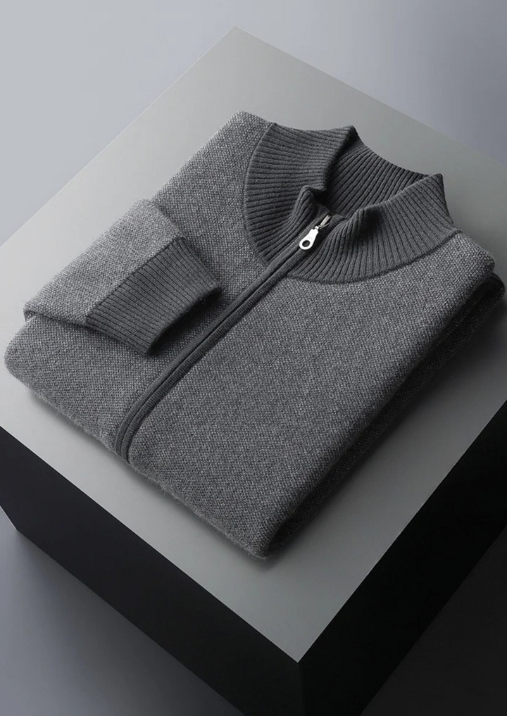 100% CASHMERE JACQUARD ZIP CARDIGAN.