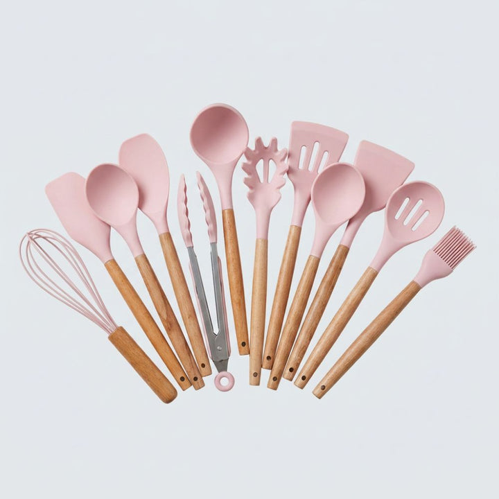 Silicone Kitchen Utensil Set with Wooden Handles