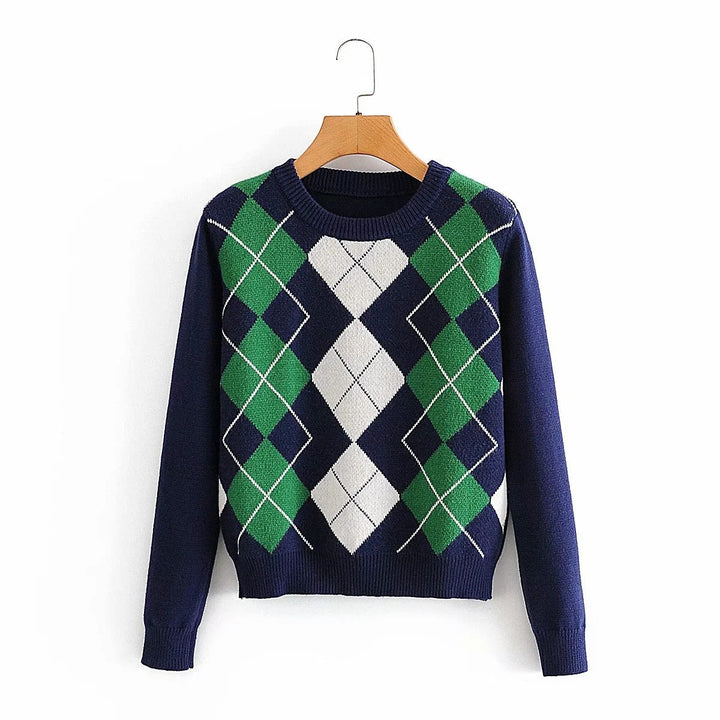 Women's Argyle Knit Sweater with Crew Neck and Ribbed Hem Mavelle, view 4 - Elena Harper
