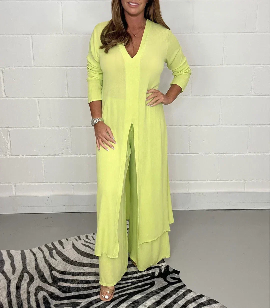 Women's Long Sleeve V-Neck Slit Top & Pants Set Relaxed Fit - Elena Harper