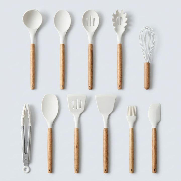 Silicone Kitchen Utensil Set with Wooden Handles