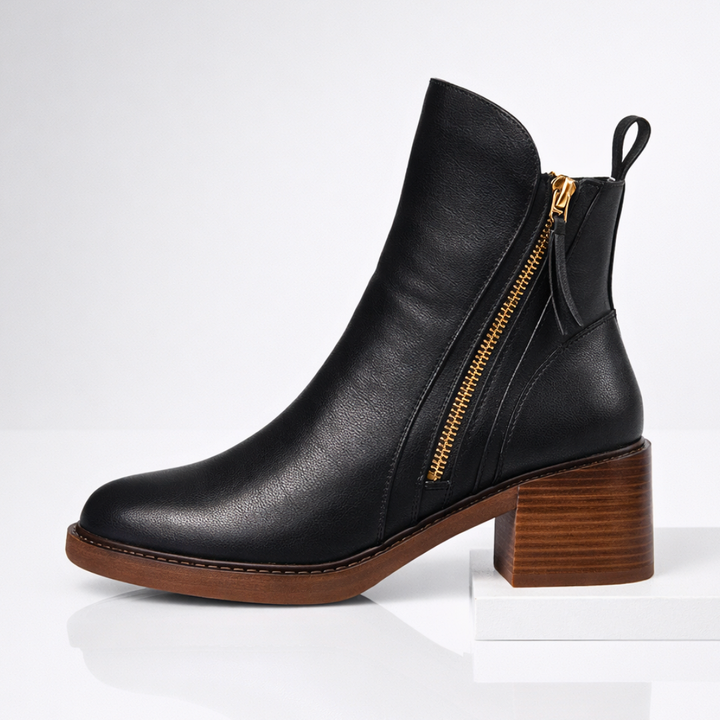 Women's Leather Heeled Ankle Boots – Stylish Ankle Boots with Cushioned Insole and Metal Zip