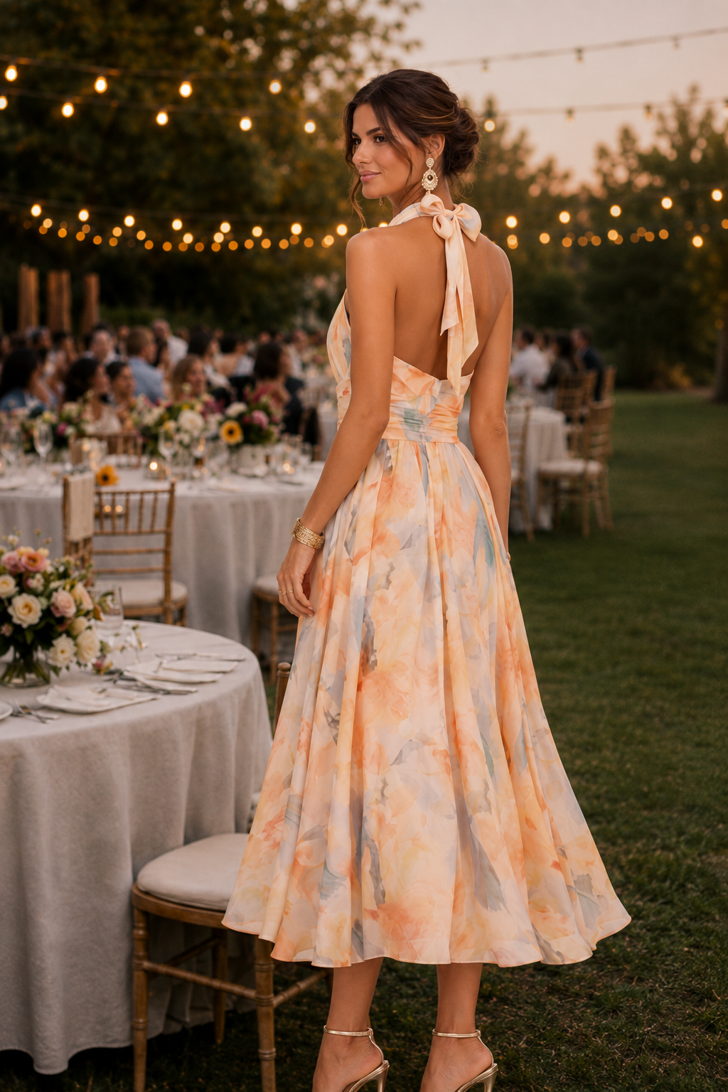 Aurora Belly-Camouflaging Halter Dress with Watercolor Print, view 3 - Elena Harper