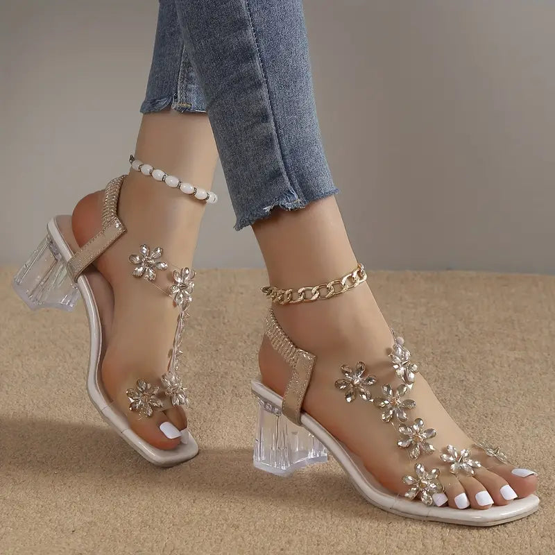 Graciela High Heeled Sandals with Floral Crystals, view 10 - Elena Harper