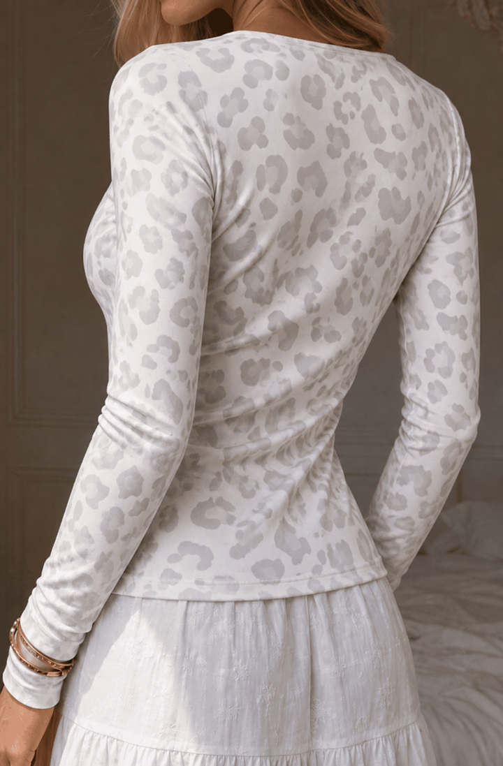Women's Long Sleeve Shirt with Leopard Print, Fitted, Round Neck, view 2 - Elena Harper