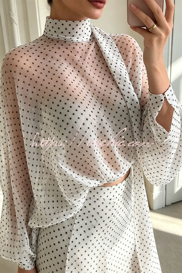 Seraphina Flowing Lantern-Sleeve Polka Dot Blouse