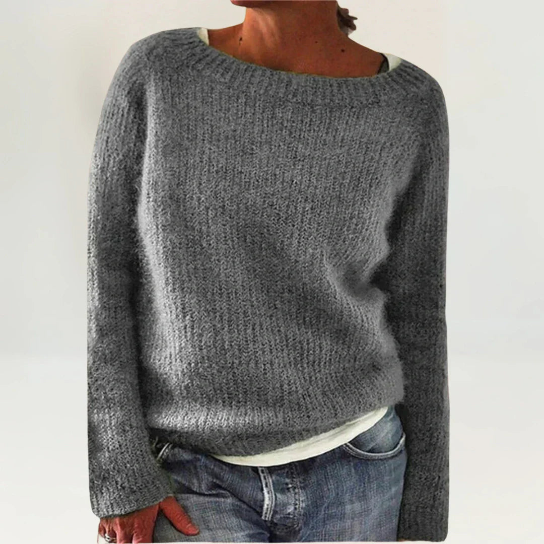 Emma & Rose Cape Town cozy grey sweater with soft knit fabric, long sleeves, and a relaxed fit.