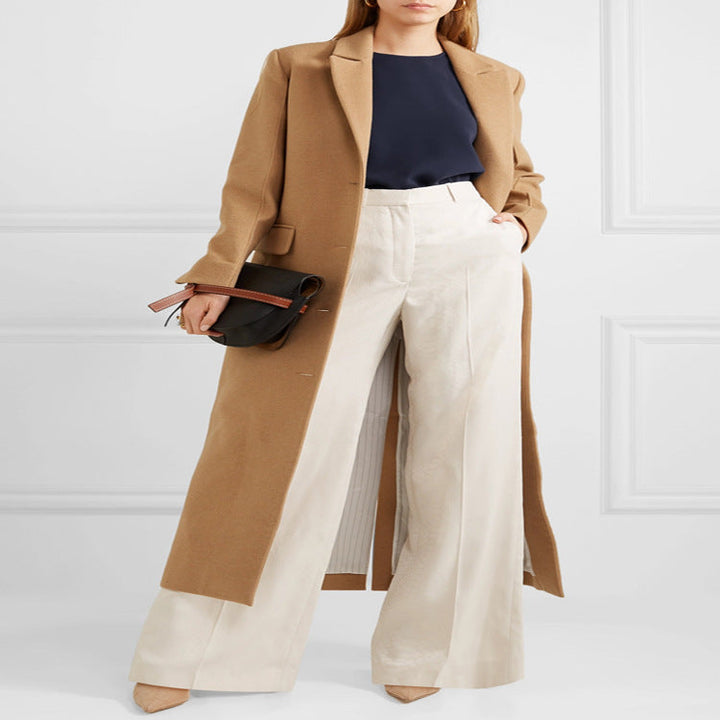 Women's Floor-Length Single-Breasted Wool Blend Coat with Side Slit and Minimalist Tailoring Look Echoarchive - Elena Harper
