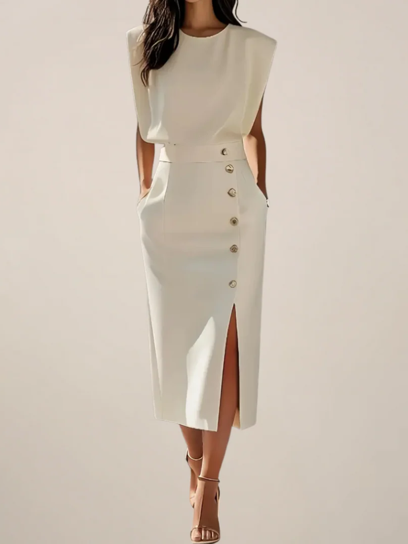 Women's Elegant Midi Dress with Side Slit & Button Detail