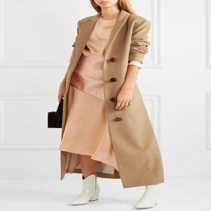 Women's Floor-Length Single-Breasted Wool Blend Coat with Side Slit and Minimalist Tailoring Look Echoarchive, view 2 - Elena Harper