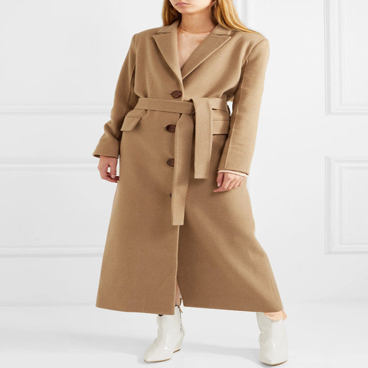 Women's Floor-Length Single-Breasted Wool Blend Coat with Side Slit and Minimalist Tailoring Look Echoarchive, view 3 - Elena Harper