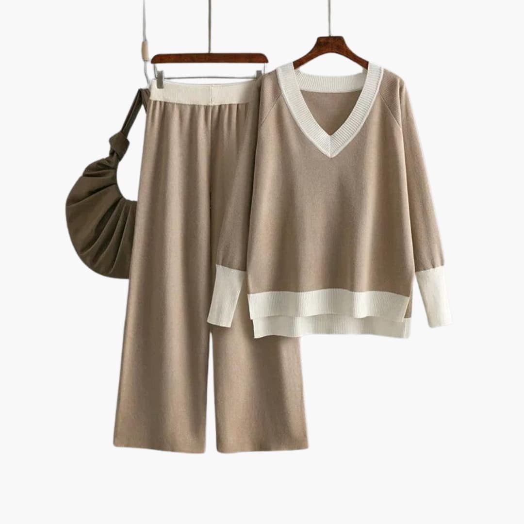 Nora | Modern V-Neck Knit Set with Wide Pants