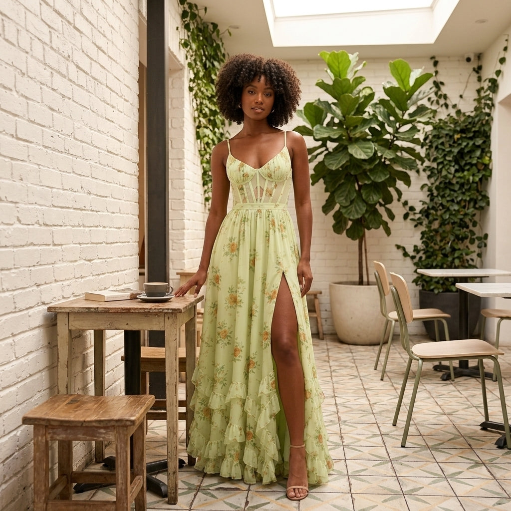Blue Floral Corset Maxi Dress Wedding Guest