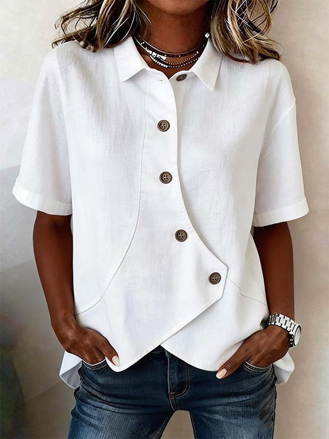 Women's Solid Color Shirt with Asymmetrical Buttoning and Short Sleeves