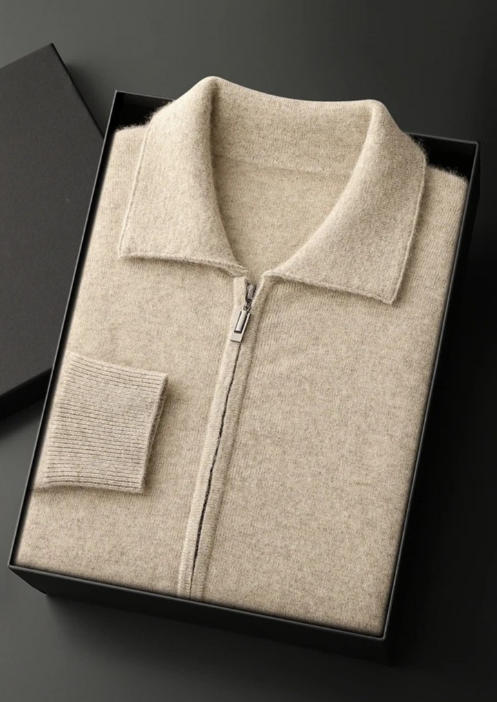 100% CASHMERE ZIP POLO CARDIGAN.