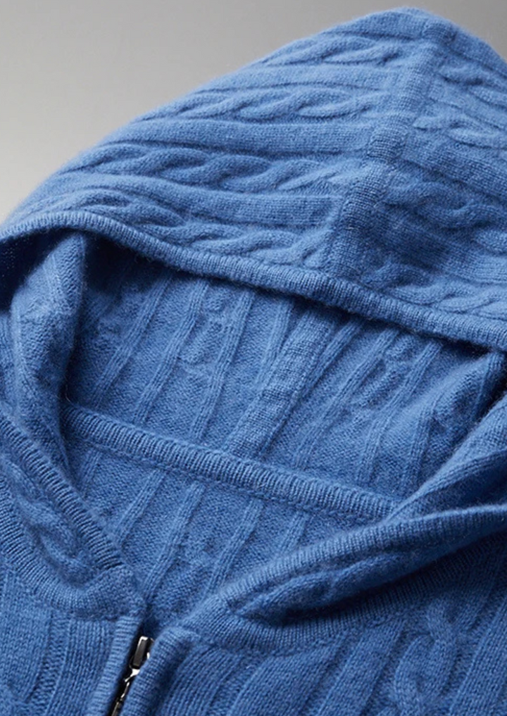 100% CASHMERE CABLE KNIT ZIPPER HOODIE