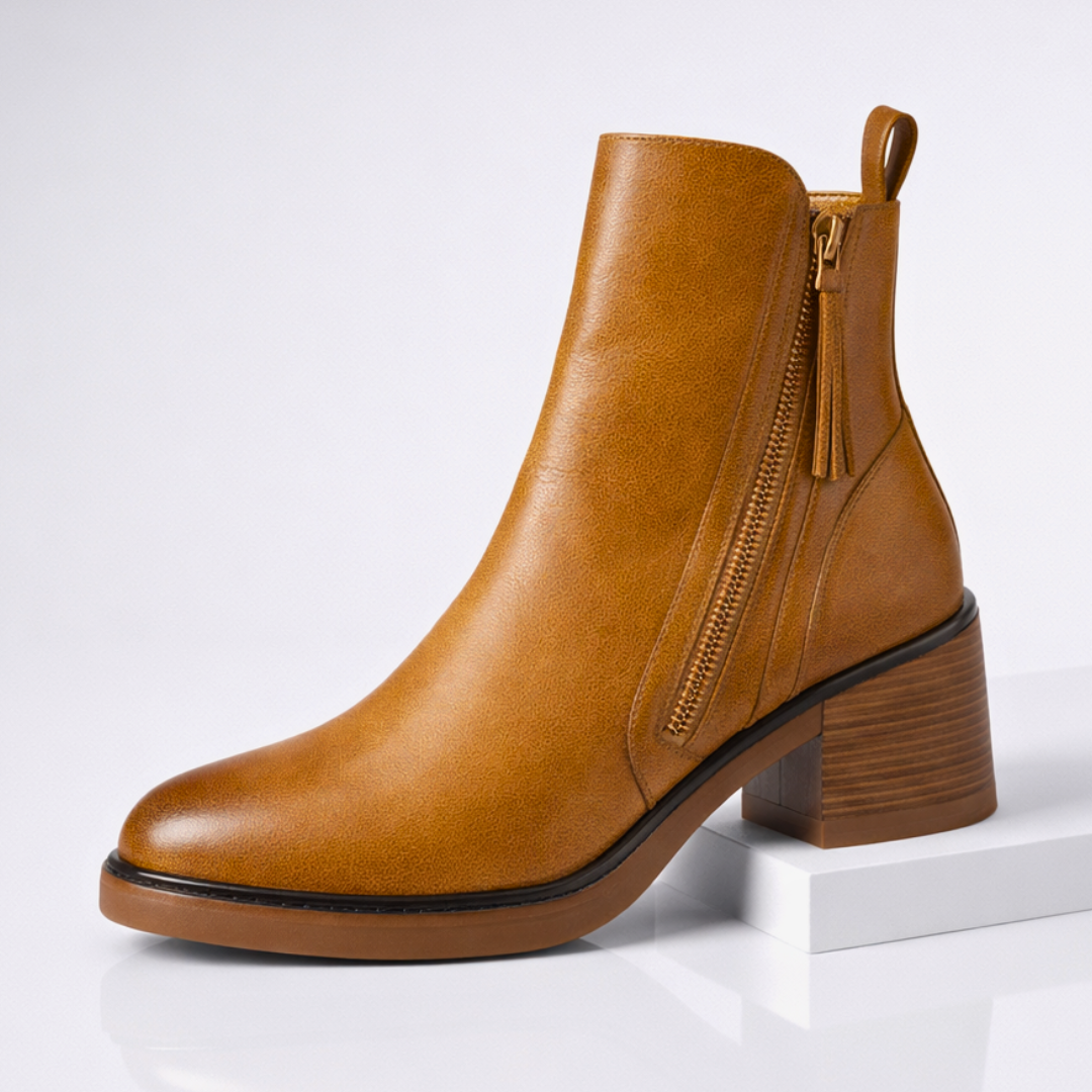 Women's Leather Heeled Ankle Boots – Stylish Ankle Boots with Cushioned Insole and Metal Zip
