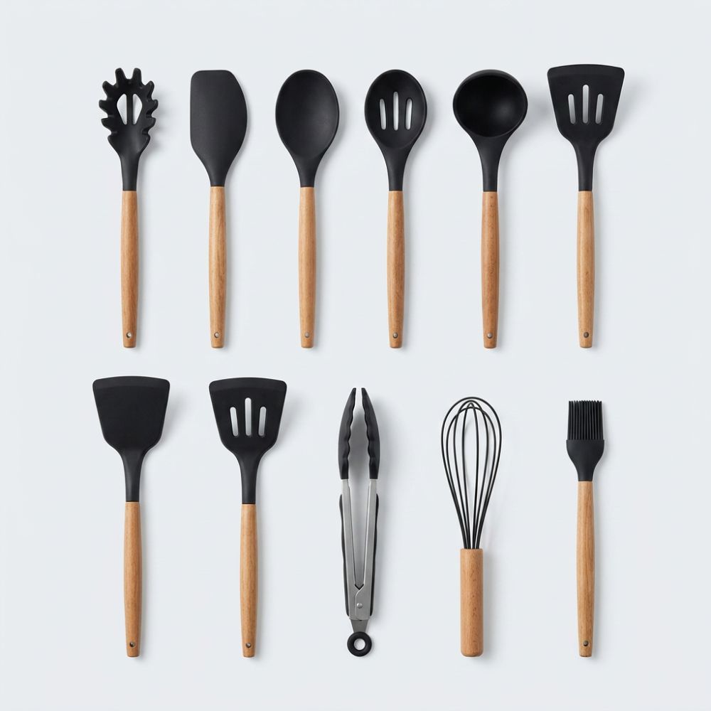 Silicone Kitchen Utensil Set with Wooden Handles