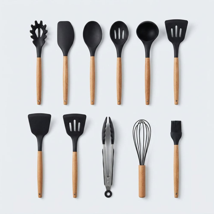 Silicone Kitchen Utensil Set with Wooden Handles