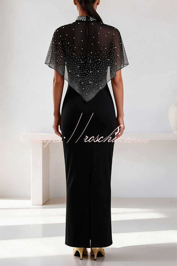 Grace Lady Sheer Pearl Details High-neck Cape Maxi Dress