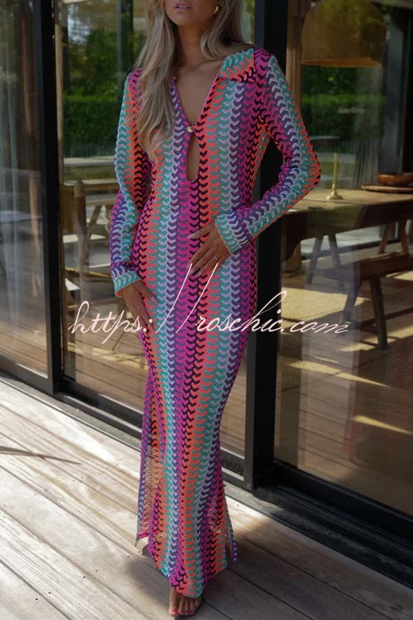 Eleanor Knit Colorful Wave Unique Print Shirt U-neck Long Sleeve Slit Maxi Dress