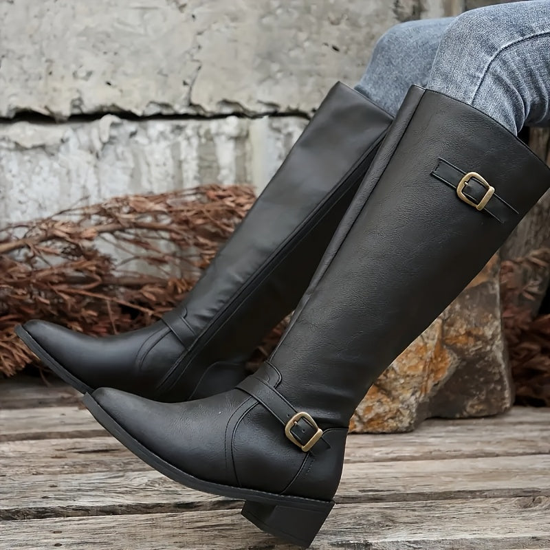 Alicia Elegant Knee-High Boots in Leather Look with Double Buckles - Elena Harper