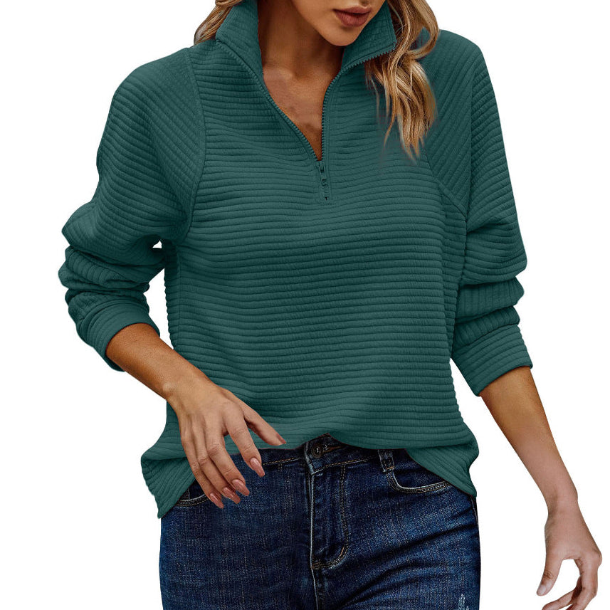 Women's High Neck Zip Pullover Sweatshirt with Long Striped Sleeves