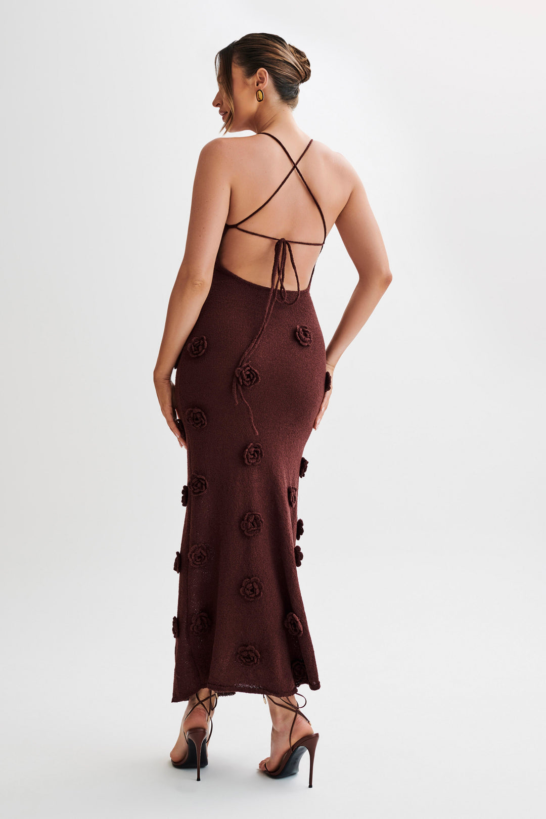 Summer Long Crochet Dress for Women with V-Neck and Handmade Flowers