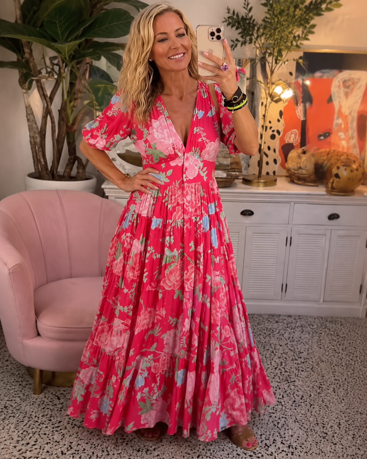 Minelda™ | Floral Midi Dress with V-Neck
