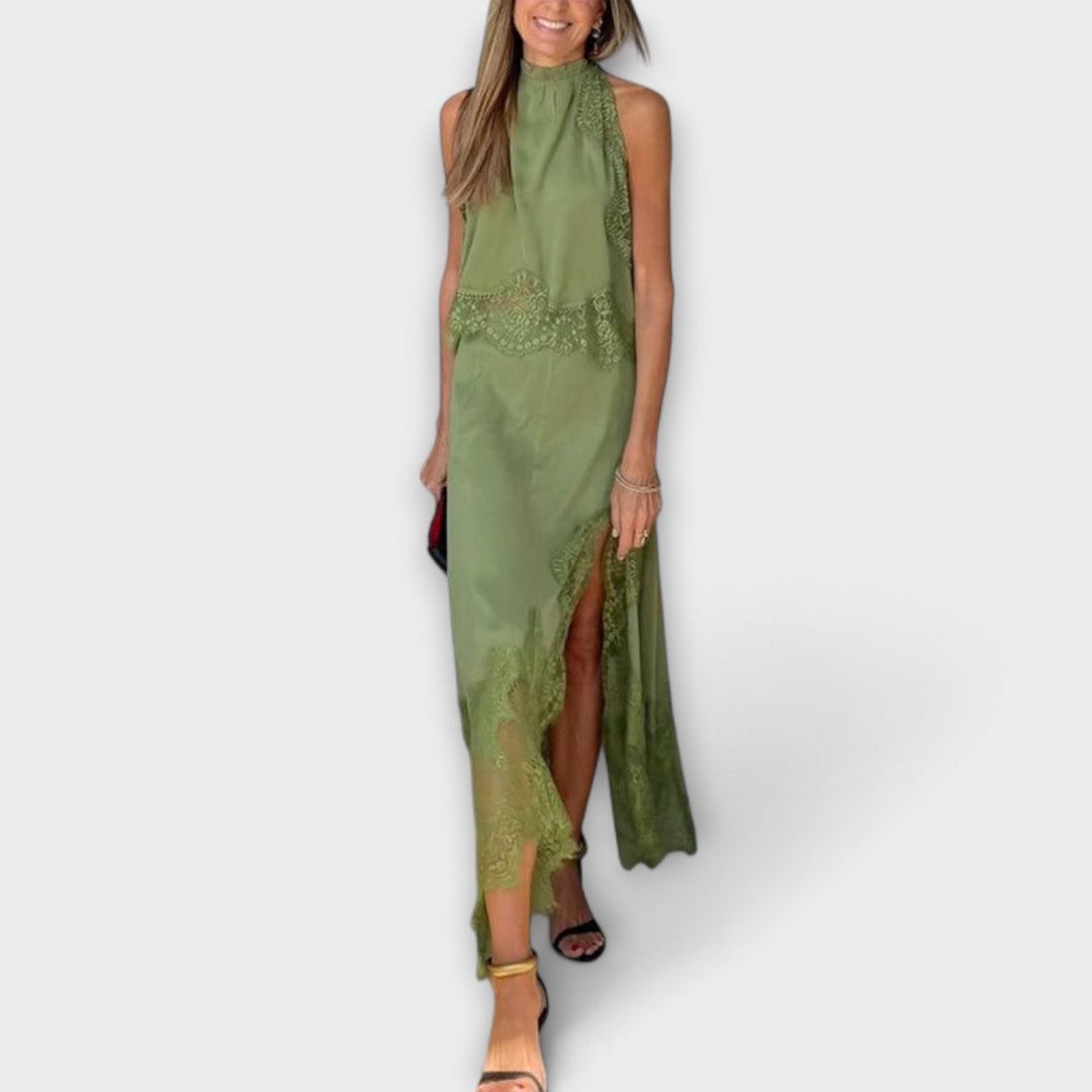 Kaia - Satin Blouse with Lace Trim and Pleated Neckline Set