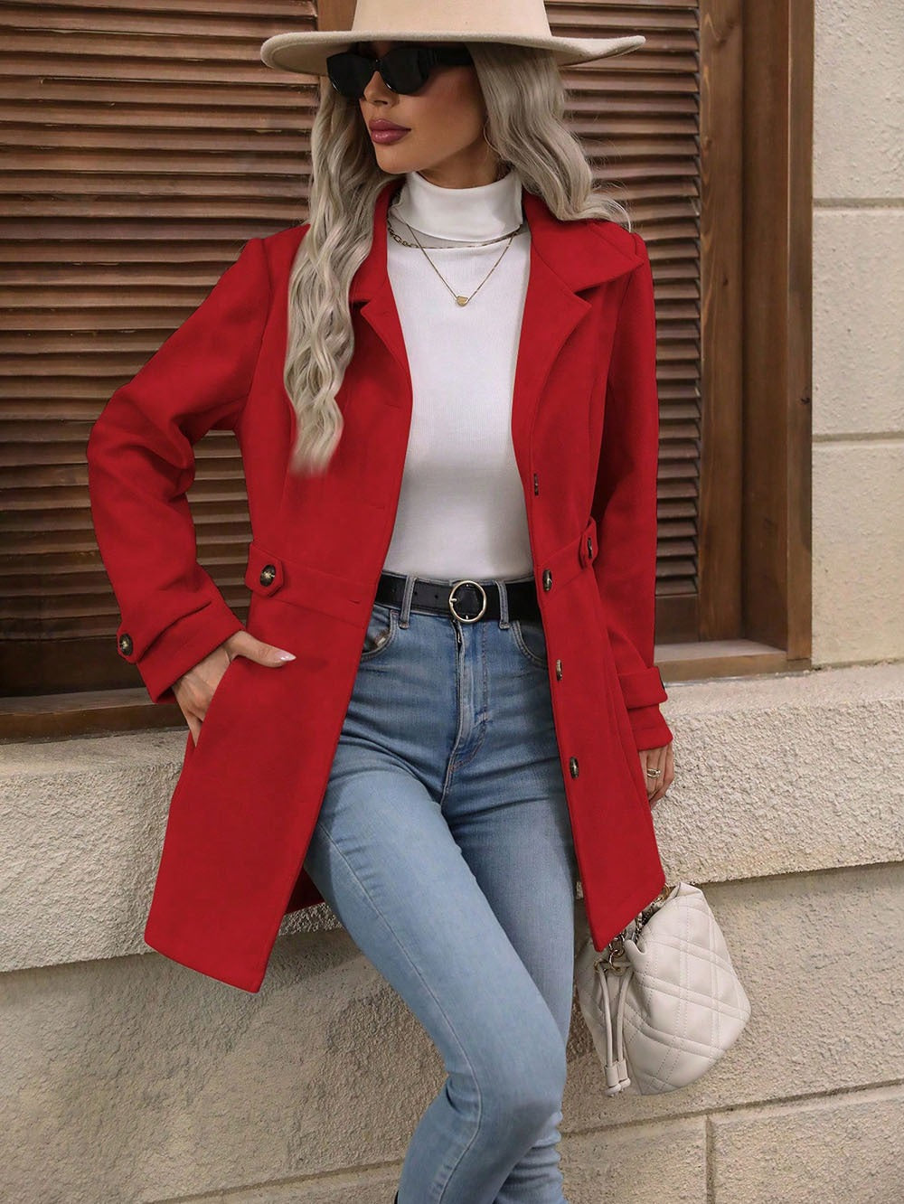 Women's Wool Blend Single-Breasted Coat – Elegant Mid-Length Blazer