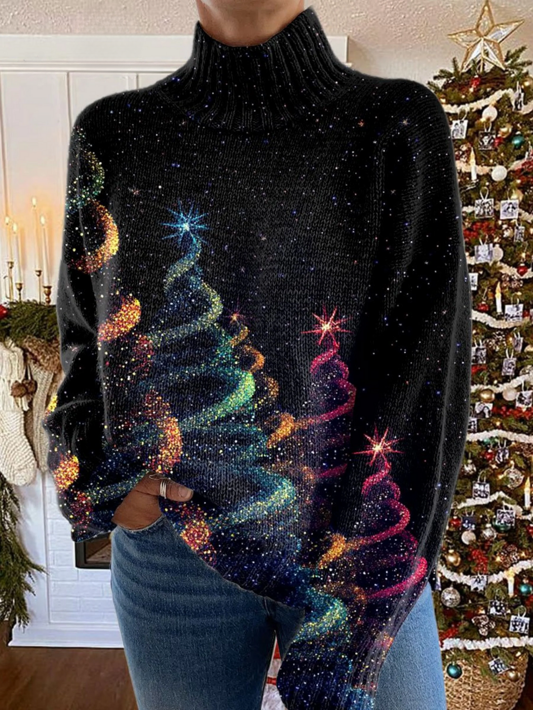 Emma & Rose Cape Town glitter Christmas tree turtleneck sweater featuring festive sparkly design and cozy knit fabric.