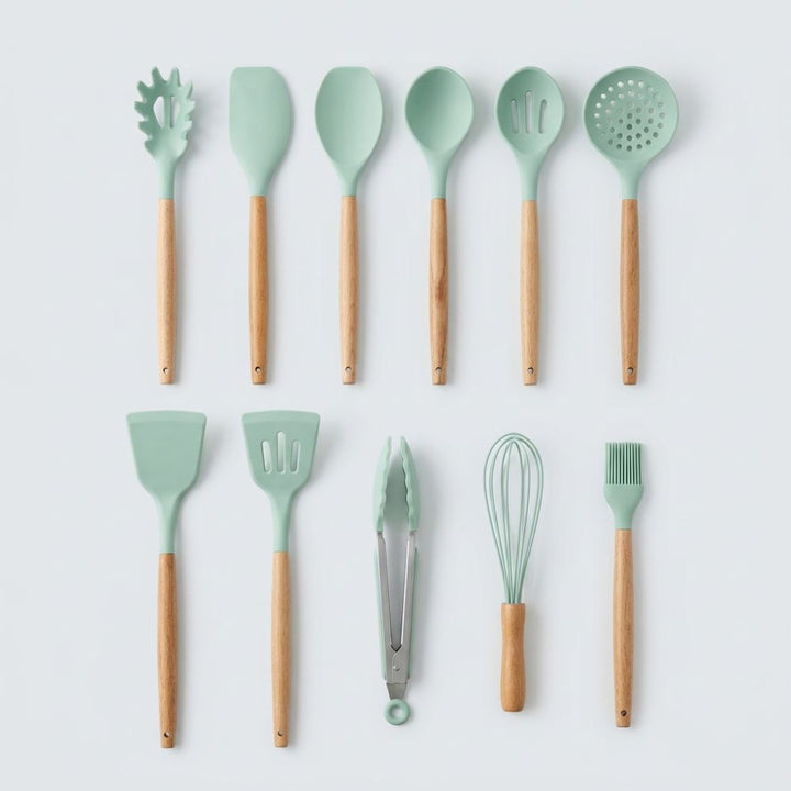 Silicone Kitchen Utensil Set with Wooden Handles