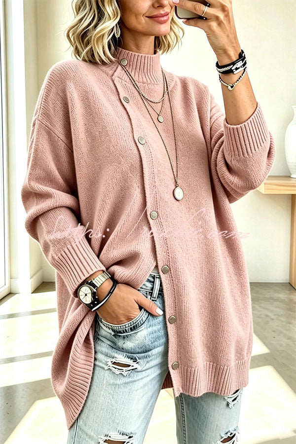 Warm Season Knit Turtleneck Button-down Long Sleeve Loose Sweater