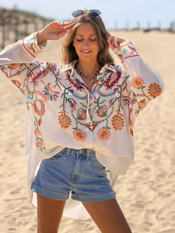 Oversized Beige Button-Down Shirt, view 3 - Elena Harper