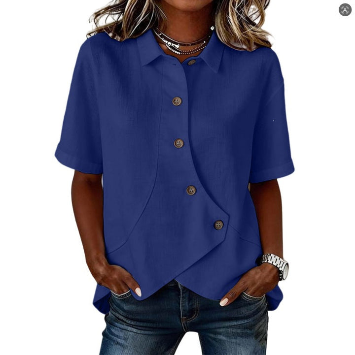 Women's Solid Color Shirt with Asymmetrical Buttoning and Short Sleeves