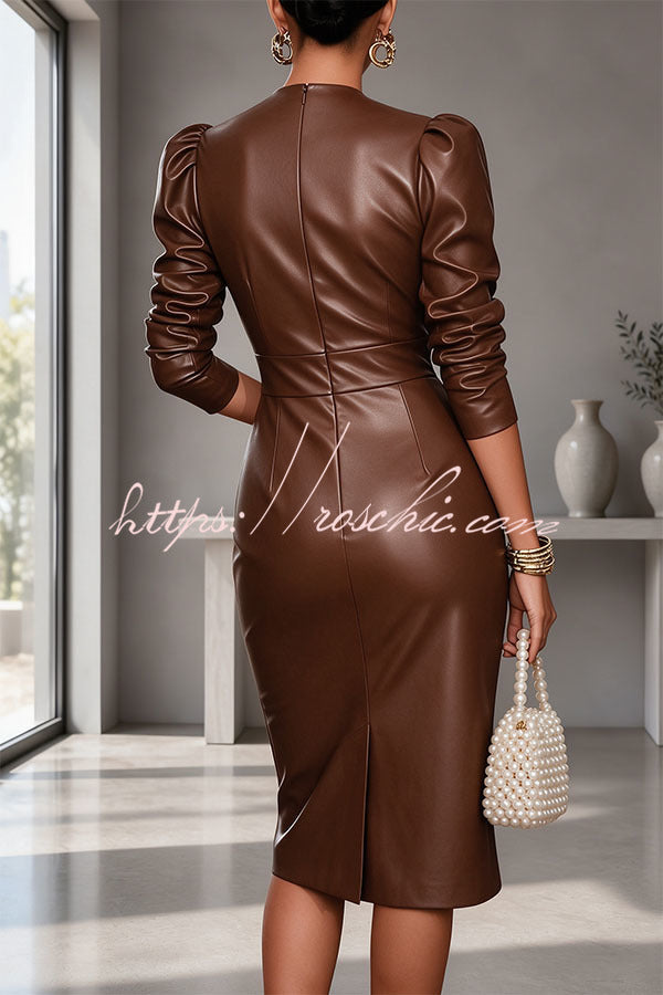 Faux PU Leather V-Neck Long Sleeve Stretch Pencil Midi Dress