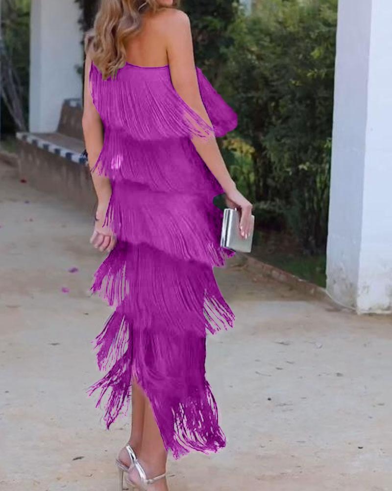 Maya-Off Shoulder elegant fringe dress - Elena Harper