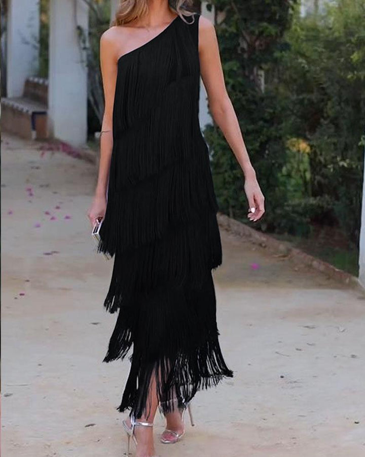 Maya-Off Shoulder elegant fringe dress - Elena Harper